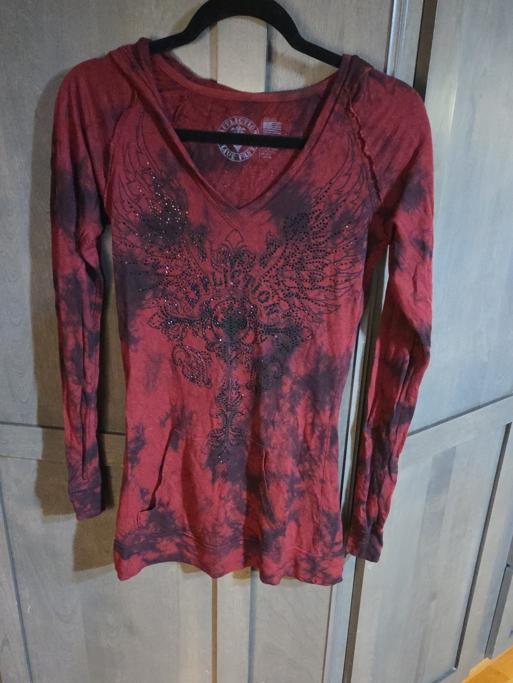 Affliction Red and Black V-Neck Tie-Dye Hoodie Top with Rhinestone Wing Graphic